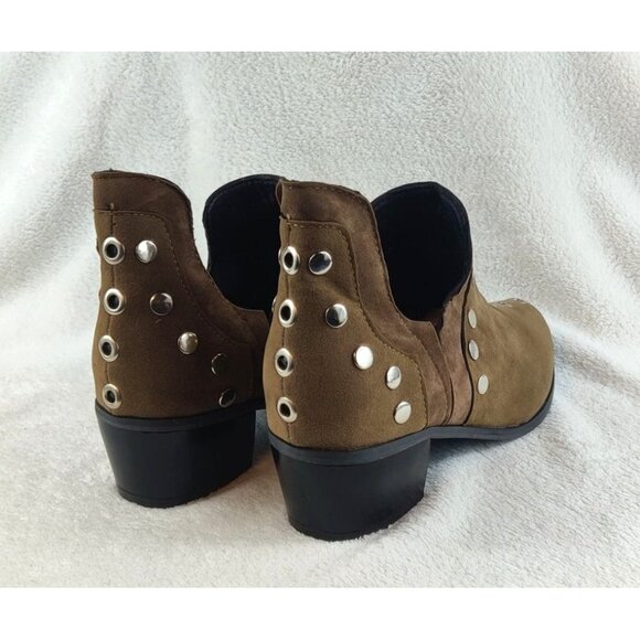 Studded Shoe Boot Two-Tone Brown Faux Leather Silver Studs Medium Block Heel - Picture 12 of 13